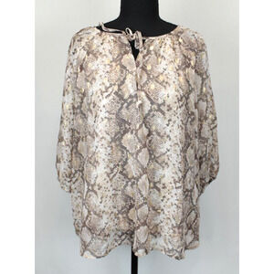 Retrology Snake Print Metallic Gold Blouse Top Women 2X Tan Lined 3/4 Sleeve